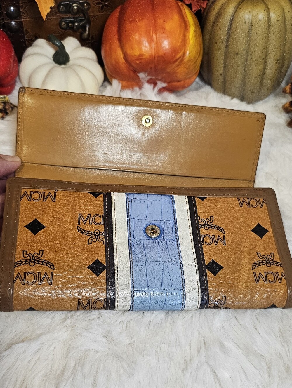 MCM Cognac Logo Wallet with Light Blue and White Stripe - Picture 7 of 16